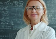 Woman in lab coat and glasses in front of blackboard.
