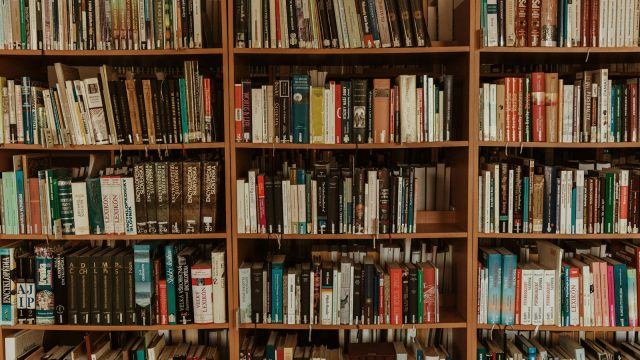 brown wooden book shelf with books