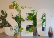 a white sign with plants and a potted plant next to it