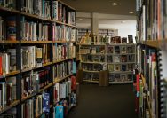 a long row of bookshelves filled with books